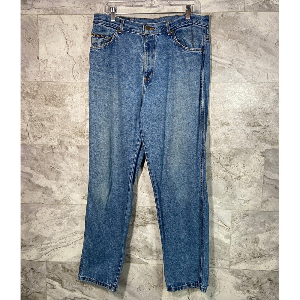 H.I.S. Mens Jeans VTG Light Wash Straight Leg Blue Denim Pants Sz 34x32 Workwear